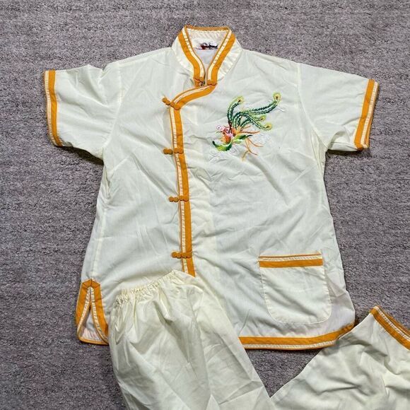 Vintage Asian Oriental Plum Blossom Bird Style 2 Piece Outfit Set - Picture 2 of 6